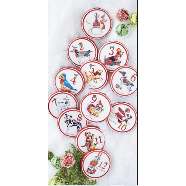 Twelve Dogs of Christmas, Disc Ornaments, Set of 12