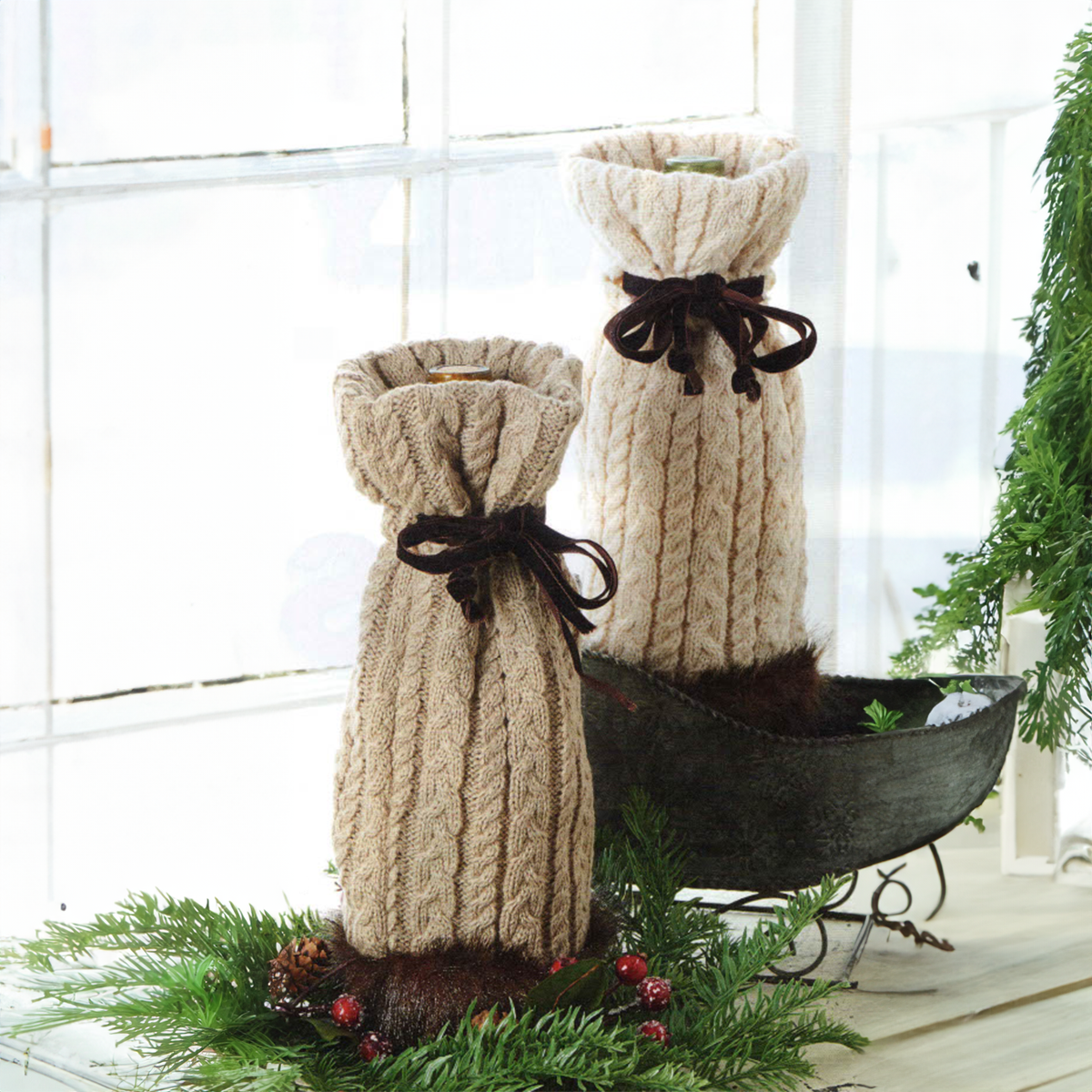 Cable Knit and Faux Mink Trimmed Wine Bottle Bag w/Chocolate Tie