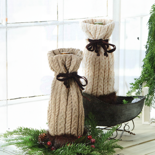 Cable Knit and Faux Mink Trimmed Wine Bottle Bag w/Chocolate Tie