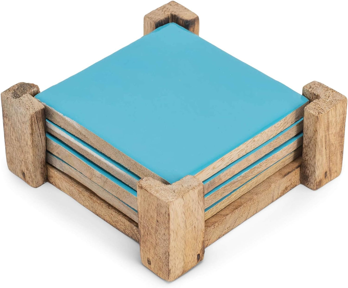 Powder Blue Glazed Wood Coasters with Holder, Set of 4