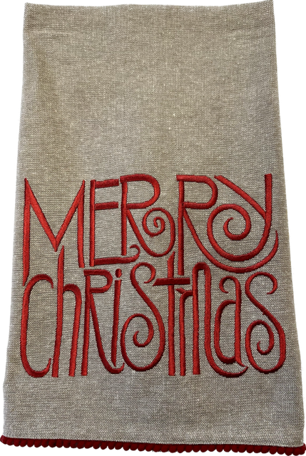 Taupe Embroidered Christmas Tea Towel