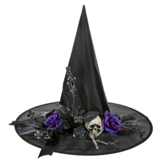Black Witch Hat with Purple Roses and Skull