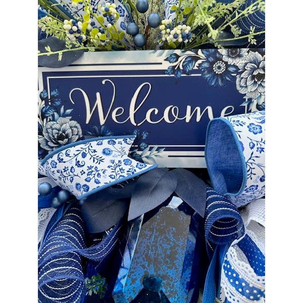 Blue Chinoiserie "Welcome" Wreath