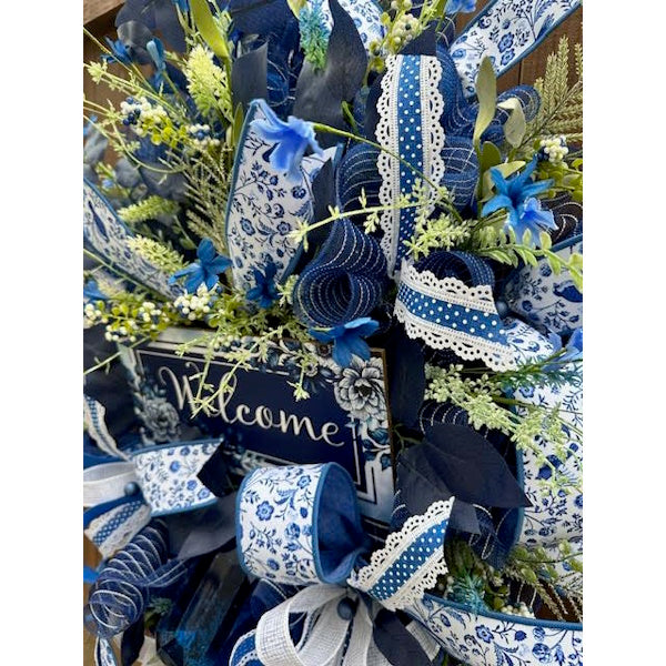 Blue Chinoiserie "Welcome" Wreath