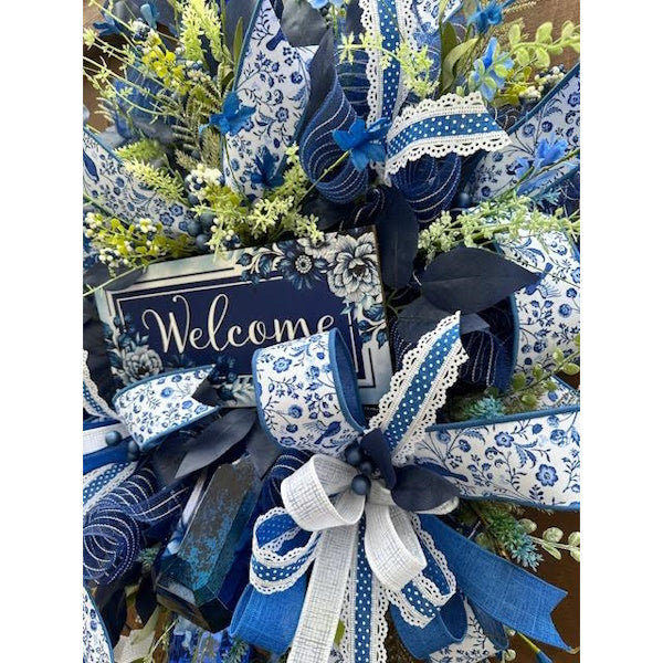 Blue Chinoiserie "Welcome" Wreath
