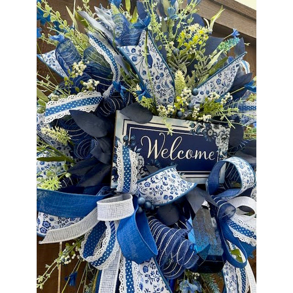 Blue Chinoiserie "Welcome" Wreath