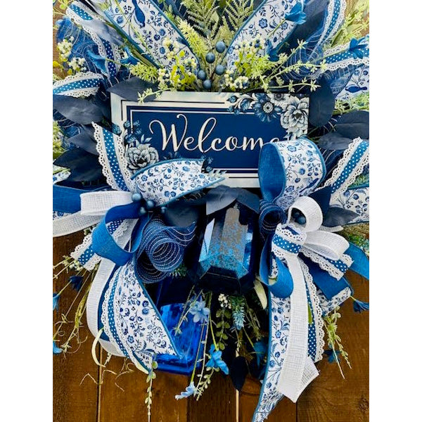 Blue Chinoiserie "Welcome" Wreath
