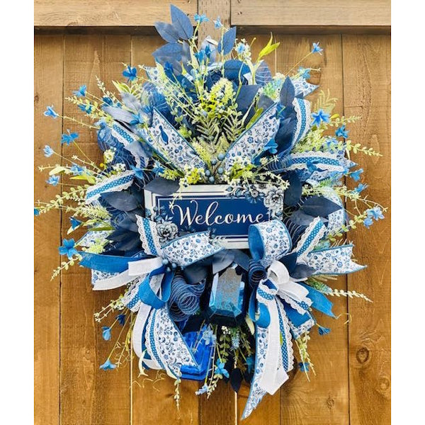 Blue Chinoiserie "Welcome" Wreath