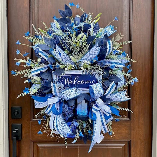 Blue Chinoiserie "Welcome" Wreath
