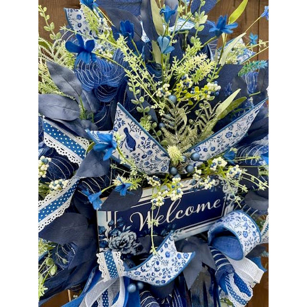 Blue Chinoiserie "Welcome" Wreath