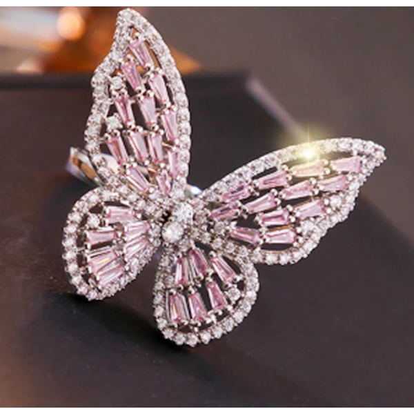 Butterfly Ring-Cubic Zirconia, Silver Pink