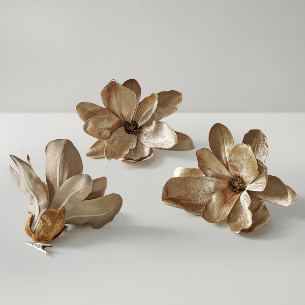 Velvet Magnolia Clip Ornament, Champagne Gold