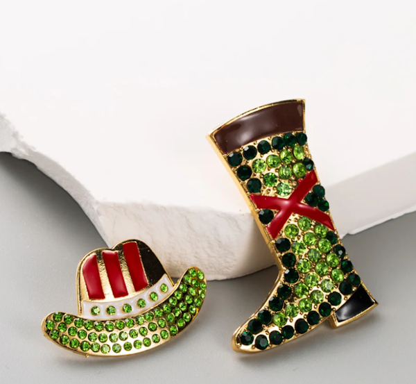 Cowgirl Hat & Boot Asymmetrical Rhinestone Earrings