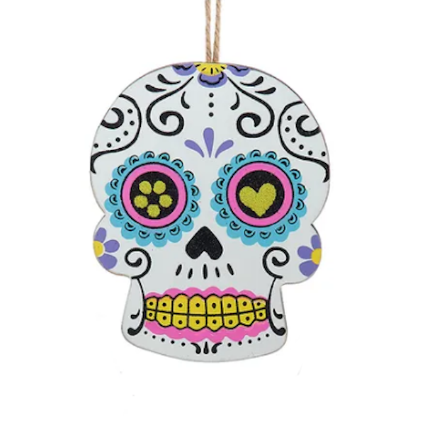 Wooden Day of The Dead Skull Ornaments-Assorted, sold seperately