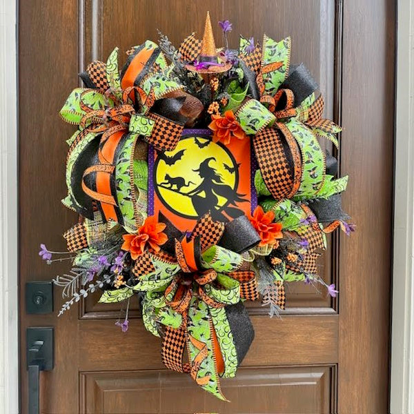 Halloween Flying Witch Sign Wreath-Handmade