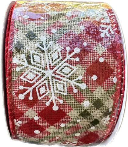 White Snowflake Red and Green Plaid Double Wire-Edged Ribbon