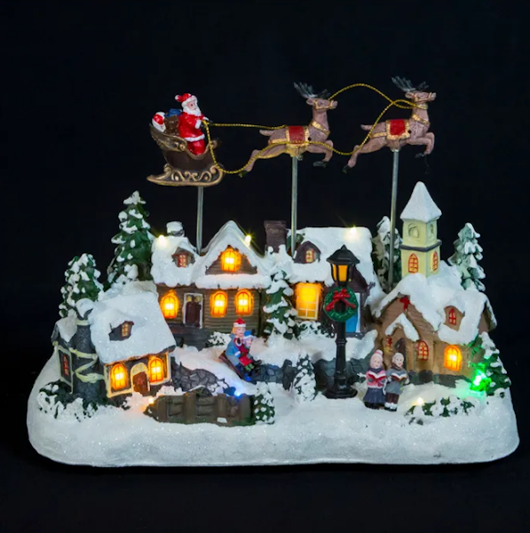 Musical Christmas Village, Battery Operated LED Santa and Reindeer in Motion