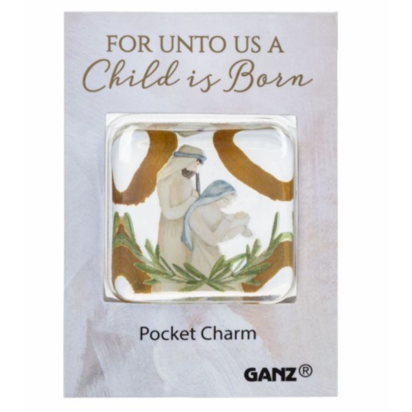 Nativity Glass Pocket Charm on Backer Card - For Unto Us A Child is Born