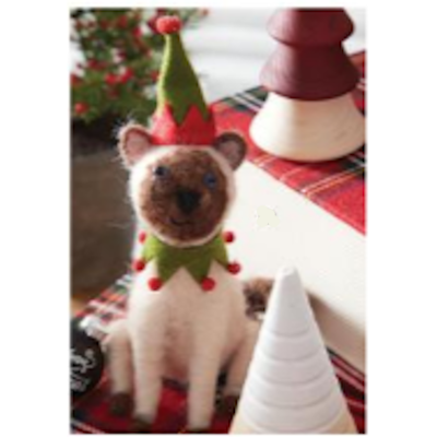 Wool Siamese Cat with Red & Green Hat and Collar-Ornament