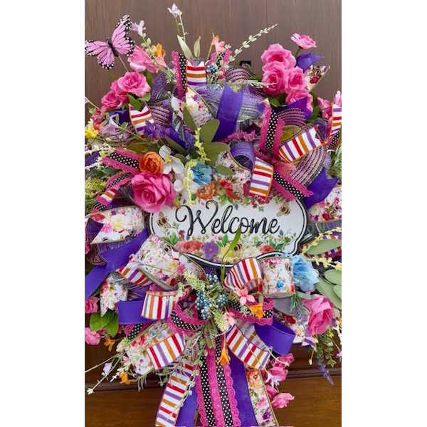 Spring Floral "Welcome" Wreath, Handmade
