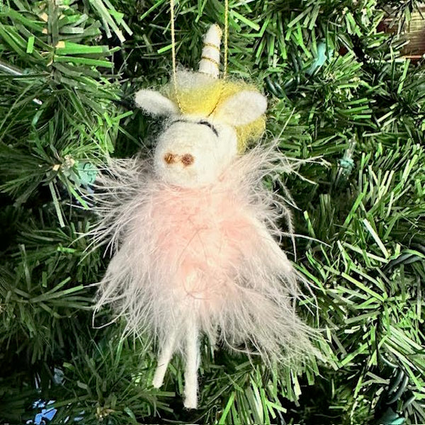 Wool Felt Unicorn Ballerina Ornament w/Pink Tutu