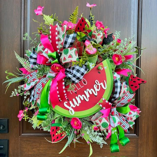 Watermelon Wreath-Hello Summer Wood Sign, Handmade