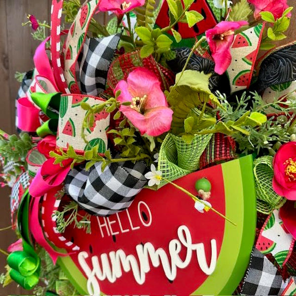Watermelon Wreath-Hello Summer Wood Sign, Handmade