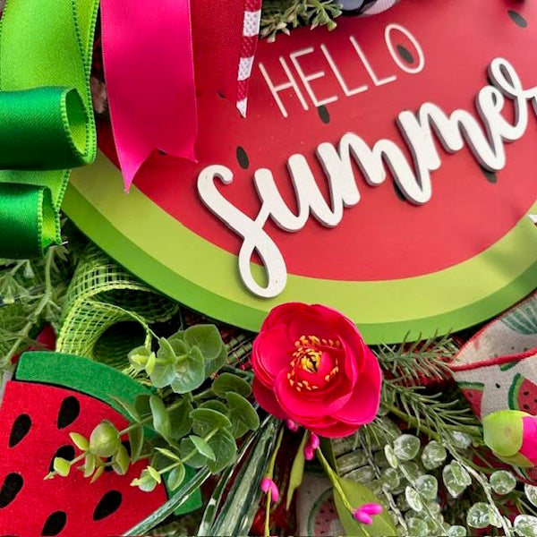 Watermelon Wreath-Hello Summer Wood Sign, Handmade