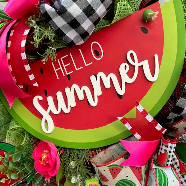 Watermelon Wreath-Hello Summer Wood Sign, Handmade
