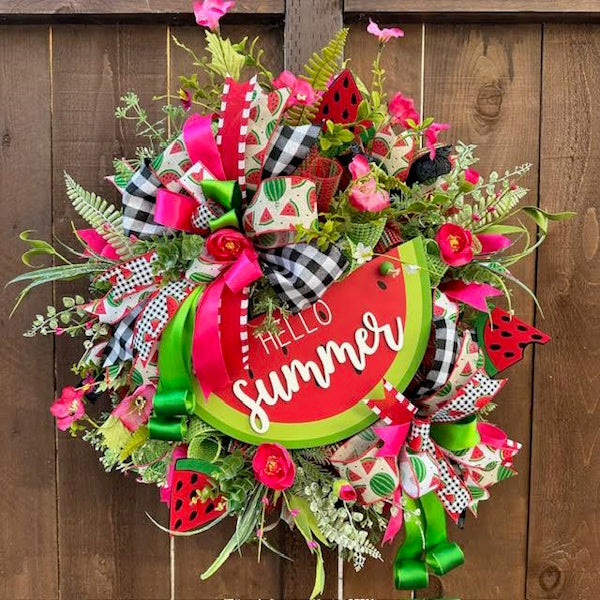 Watermelon Wreath-Hello Summer Wood Sign, Handmade