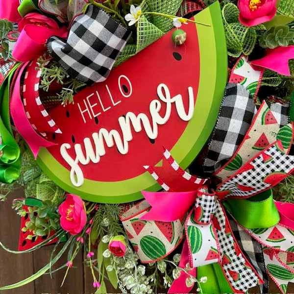 Watermelon Wreath-Hello Summer Wood Sign, Handmade