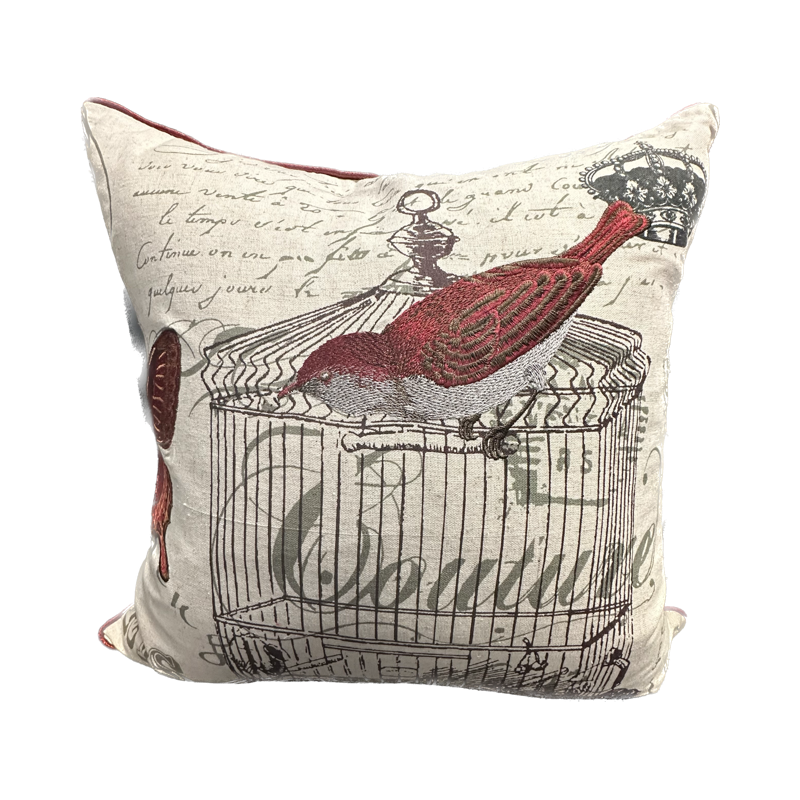 El Ave Birdcage Embroidered Throw Pillow