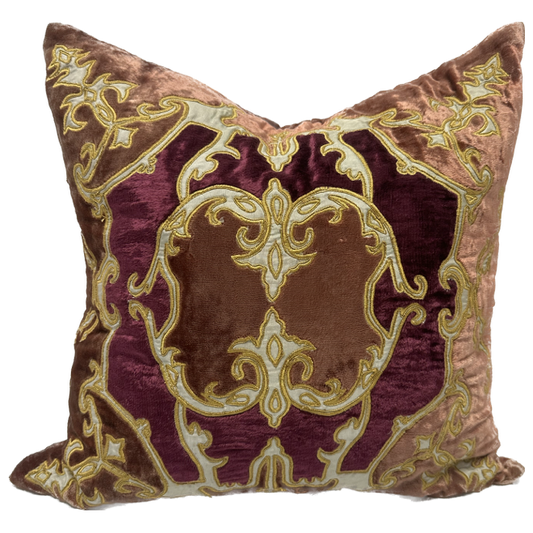 Renaissance Pattern Ebroidered Terracotta/Burgundy Velvet Throw Pillow