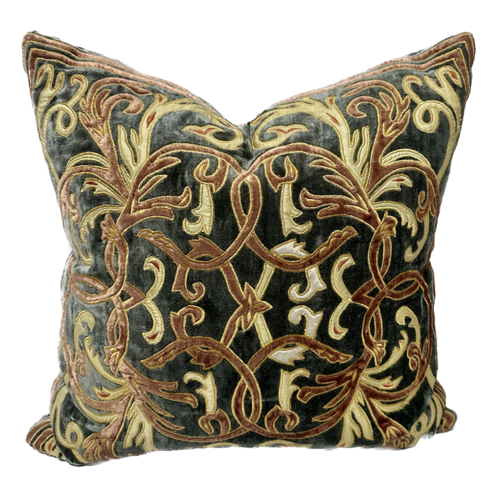 Florence Pattern Khaki/Terracotta Embroidered Velvet Throw Pillow