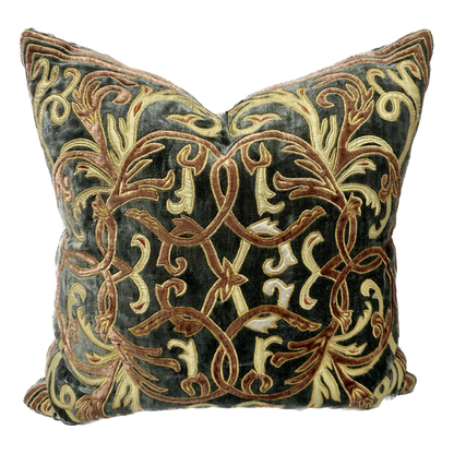 Florence Pattern Khaki/Terracotta Embroidered Velvet Throw Pillow