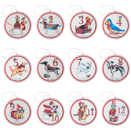 Twelve Dogs of Christmas, Disc Ornaments, Set of 12