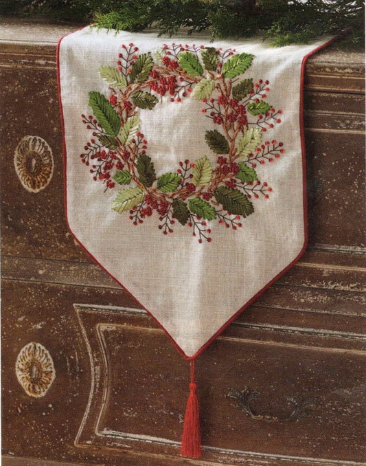 Red Berry Wreath Embroidered Table Runner