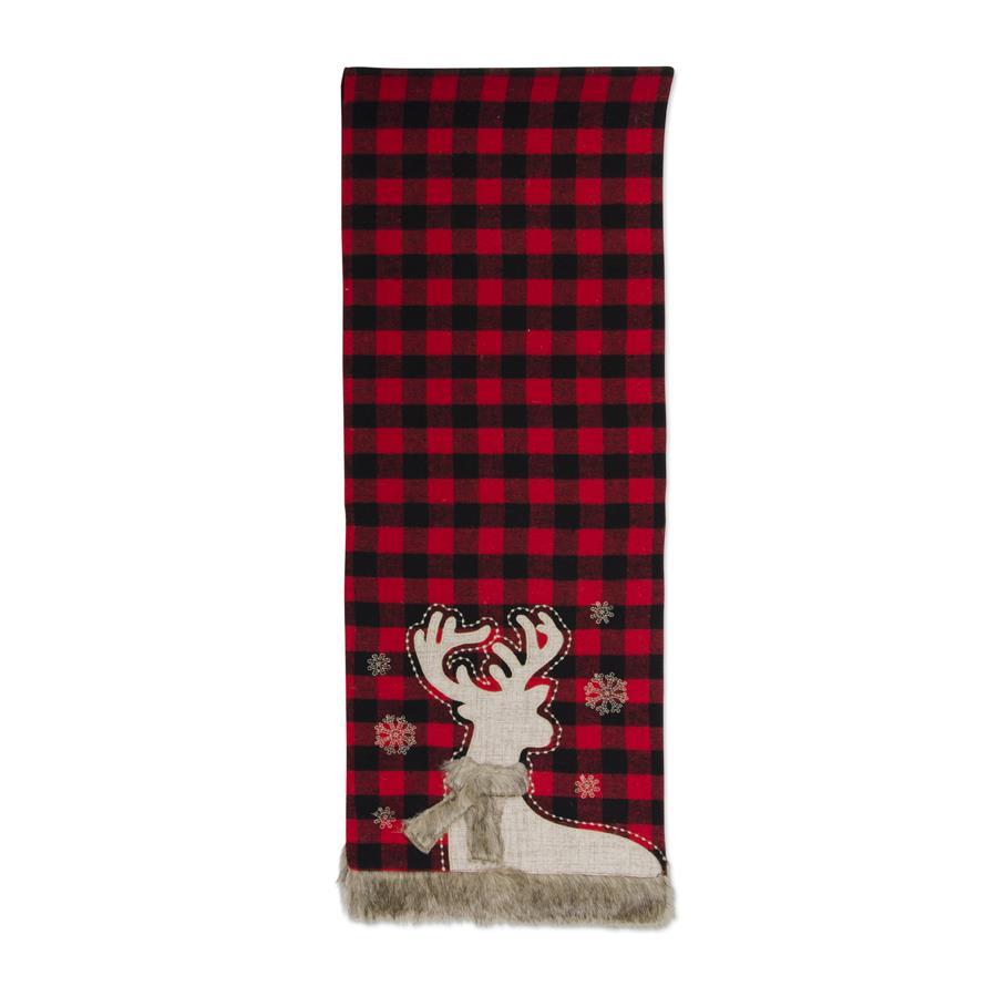 Buffalo Plaid Table Runner w/Faux Fur Trim and Embroidered Reindeer