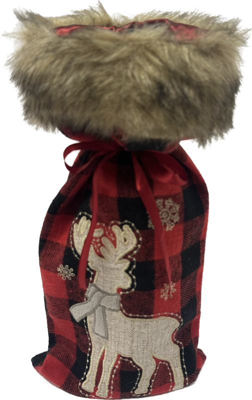 Buffalo Plaid Wine Bag w/Faux Fur Trim