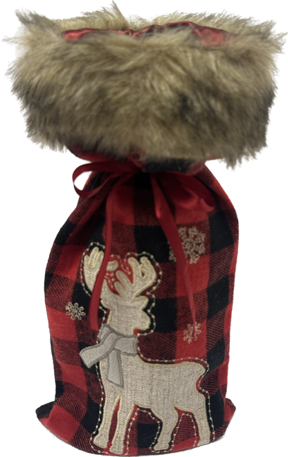 Buffalo Plaid Wine Bag w/Faux Fur Trim