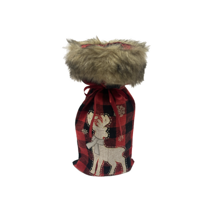 Buffalo Plaid Wine Bag w/Faux Fur Trim