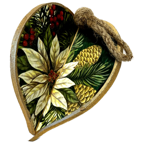 Poinsettia Heart Wood Ornament