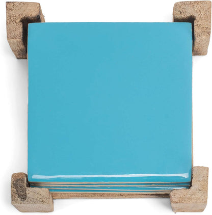 Powder Blue Glazed Wood Coasters with Holder, Set of 4