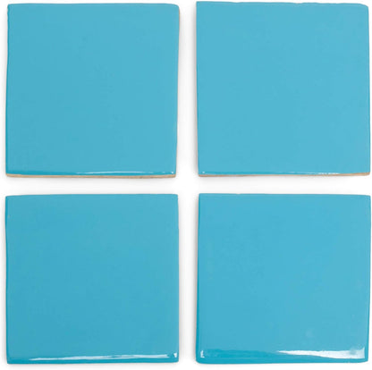 Powder Blue Glazed Wood Coasters with Holder, Set of 4