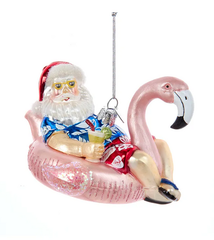 Santa in Flamingo Pool Float Glass Ornament