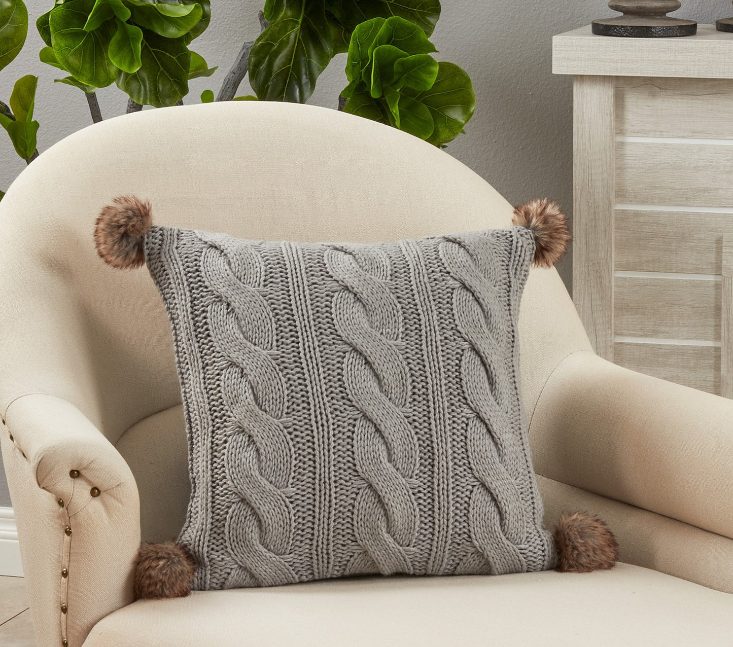 Cable Knit Pom-Pom Pillow