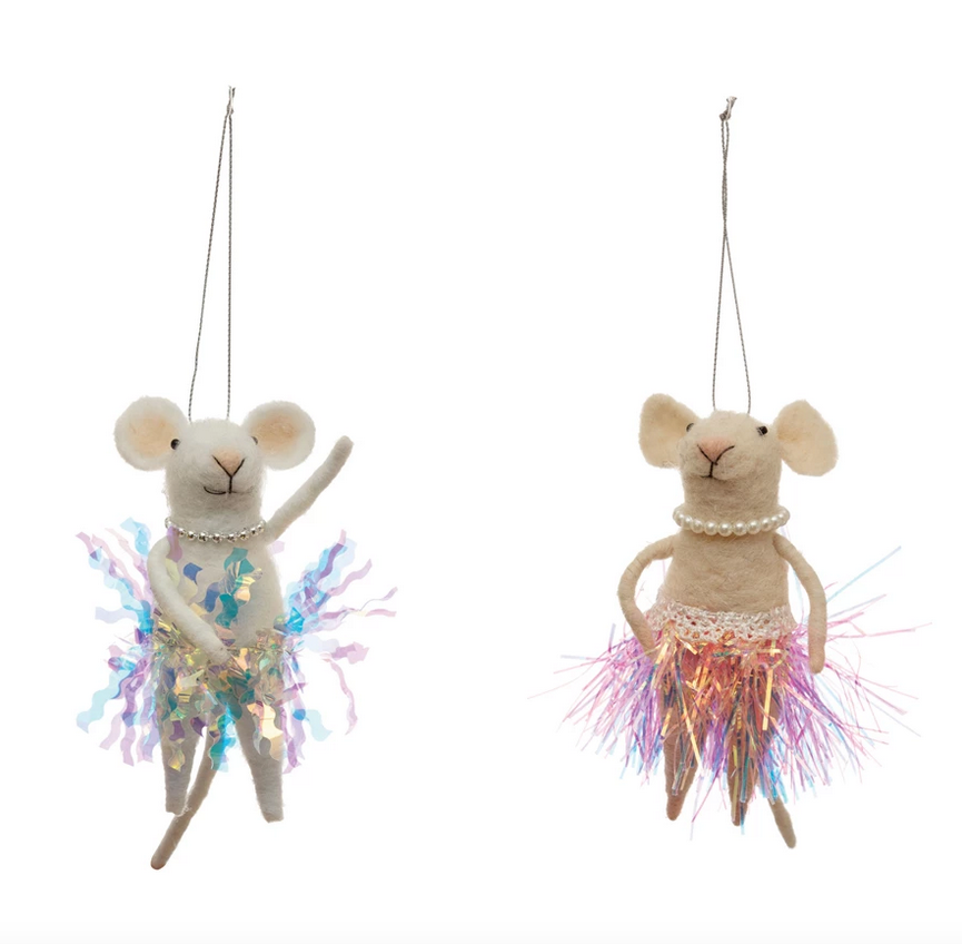 Mouse Ballerina in Tinsel Skirt w/Pearl Necklace Ornament-Assorted, each sold seperately