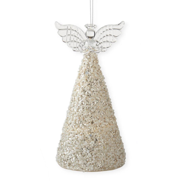 LED Silver Glittered & White Seed Bead Angel Cone Ornaments w/Timers, each sold separately