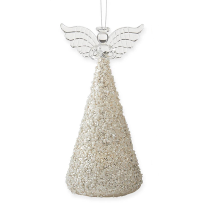 LED Silver Glittered & White Seed Bead Angel Cone Ornaments w/Timers, each sold separately