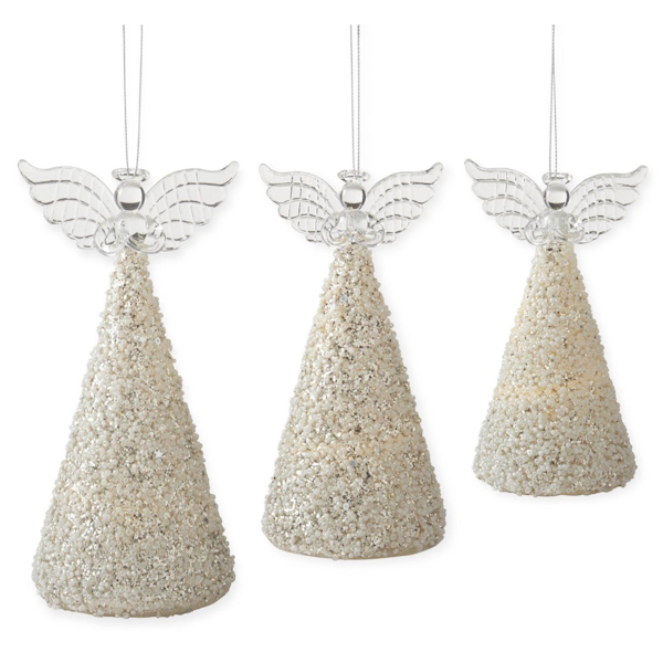LED Silver Glittered & White Seed Bead Angel Cone Ornaments w/Timers, each sold separately